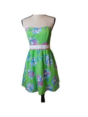 Lilly Pulitzer Strapless Green Floral Dress Sz 4 Embellished Silk Blend #I-2